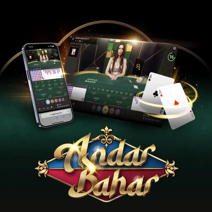Image for an online Andar Bahar game featuring a dealer at a gaming table on the left and a mobile interface on the right. The text 'Andar Bahar' is prominently displayed at the bottom, surrounded by playing cards and colorful betting options.